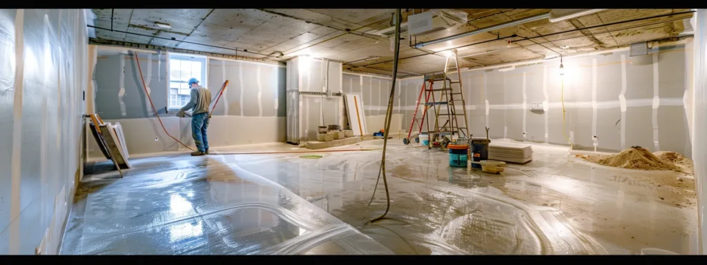 a bright, well-lit basement showcases the professional waterproofing process, featuring exposed concrete walls as a contractor skillfully applies a waterproofing membrane, while another installs a french drain amidst an organized, clean workspace.