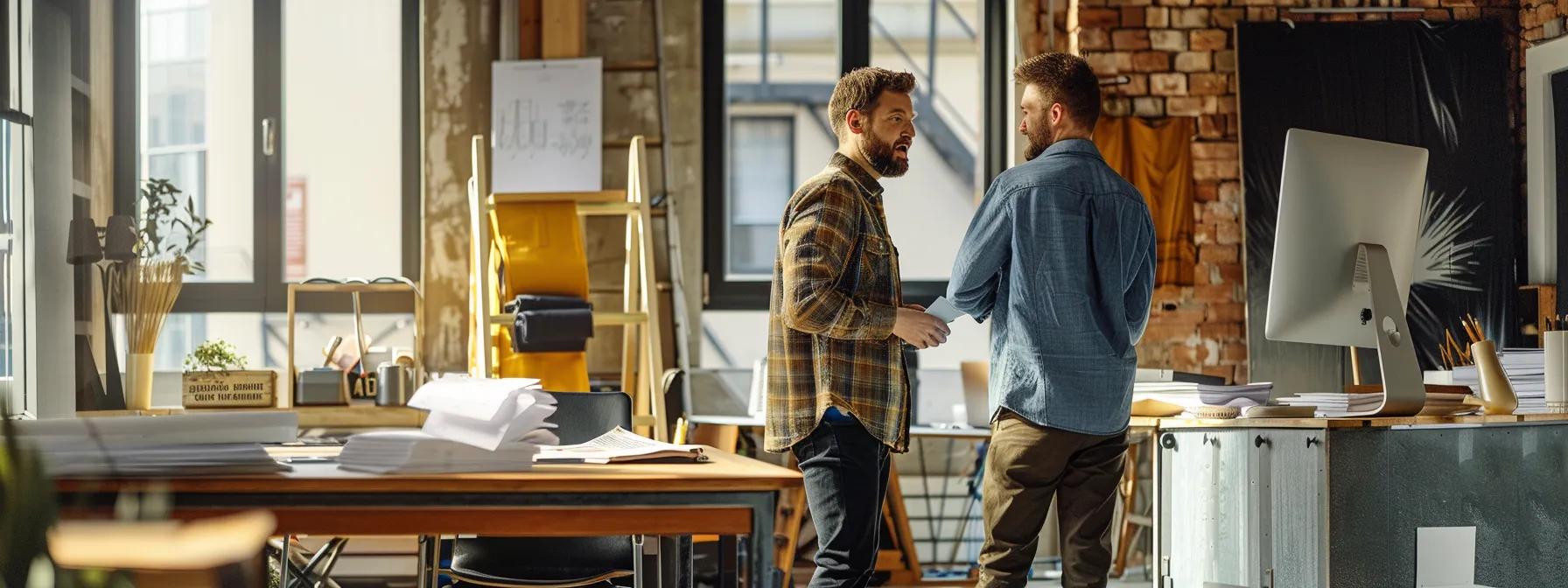 a focused urban scene depicts a professional contractor discussing waterproofing solutions with a homeowner in a modern, stylish office, emphasizing the importance of choosing a trusted expert for home maintenance.