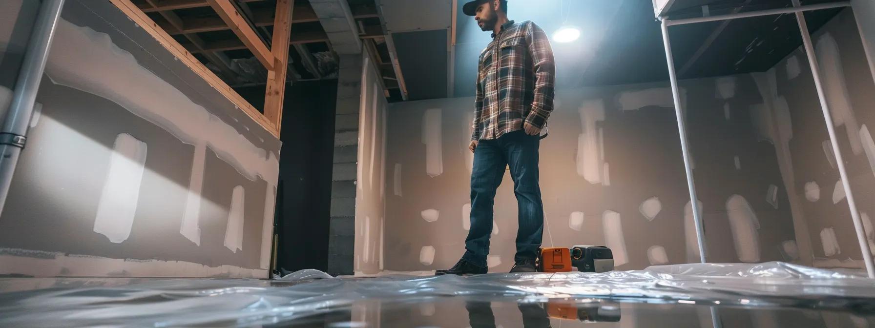 a professional contractor examines a sleek, modern basement equipped with advanced waterproofing technology, showcasing the clean, dry environment and its long-term benefits in a well-lit, contemporary urban setting.
