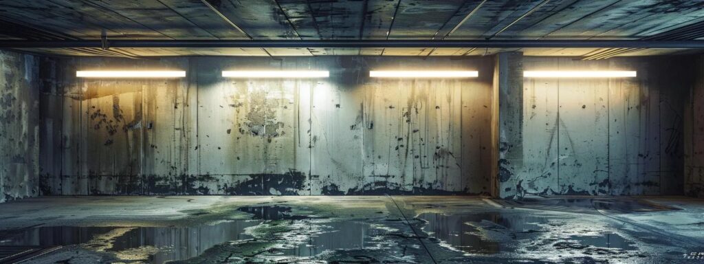 a stark indoor basement environment reveals visible signs of moisture issues, with water stains on the concrete walls and damp spots on the floor, illuminated by harsh overhead fluorescent lights that accentuate the urgency of waterproofing solutions.