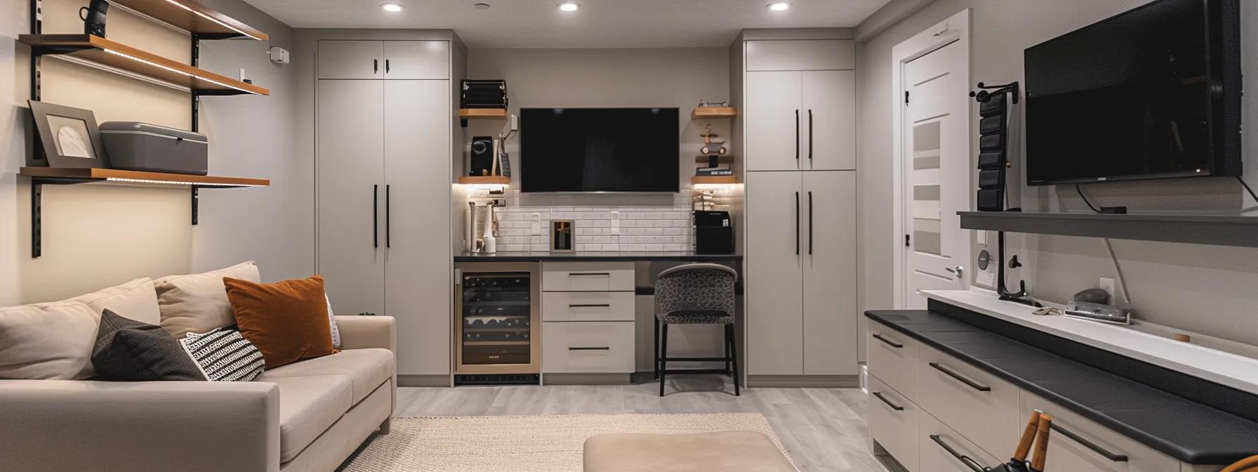 a well-organized milwaukee basement showcases various cost-effective waterproofing materials and techniques, with an emphasis on sleek, modern solutions for homeowners.