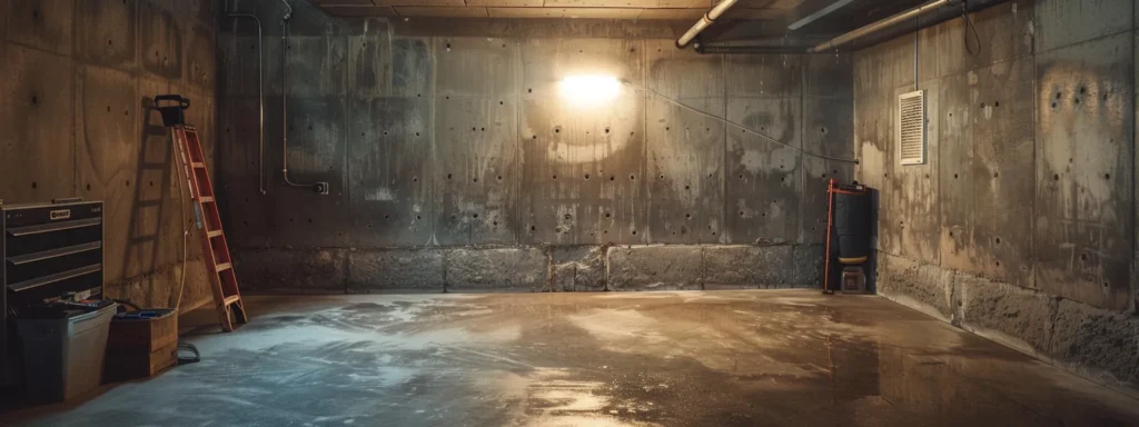 a well-lit basement showcases the professional waterproofing process, featuring exposed concrete walls as contractors expertly apply waterproof membranes, seal cracks with hydraulic cement, and prepare a french drain installation amidst a clean and organized workspace.
