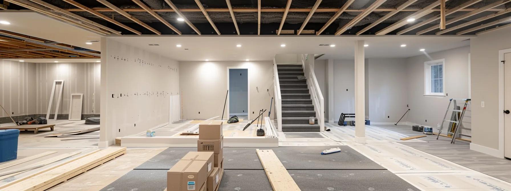 a modern, well-lit basement renovation in progress, showcasing advanced waterproofing techniques and tools, emphasizing the strategic planning and investment involved in enhancing the space's functionality and value.