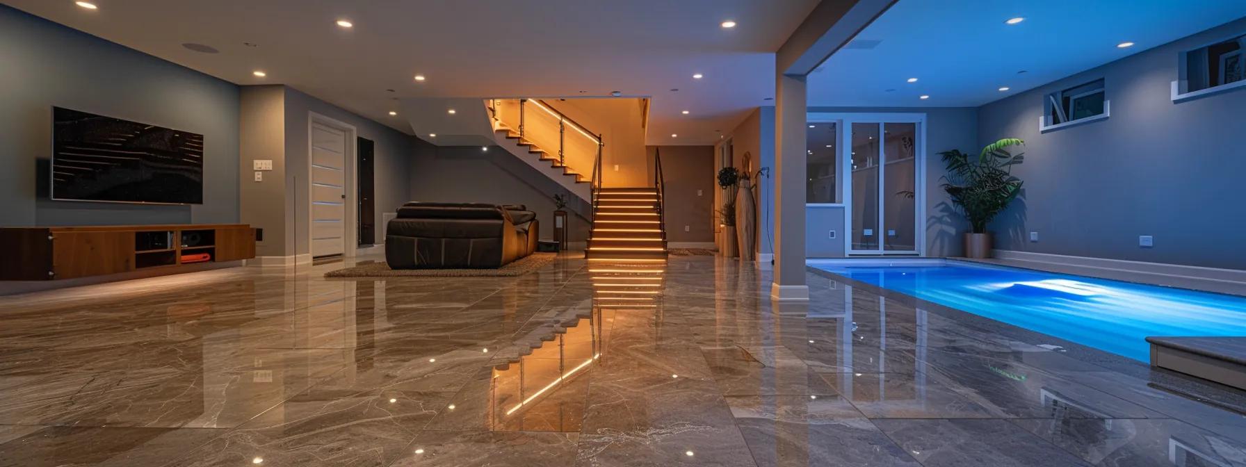 a visually captivating interior shot of a freshly waterproofed basement showcasing sleek, dry walls, modern lighting that highlights the clean lines, and a subtle hint of technology with moisture control sensors, emphasizing structural integrity and air quality improvement.