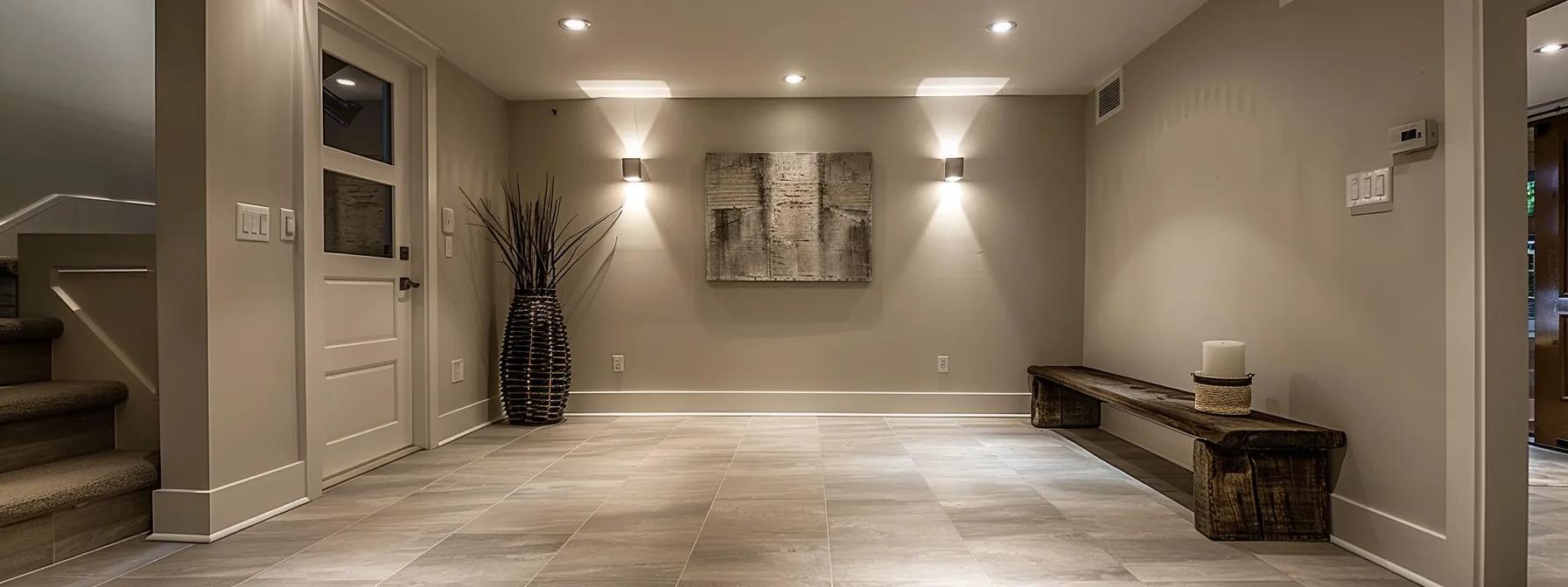 a well-lit, modern basement showcasing a robust waterproofing system with clean, dry walls and a durable flooring surface, emphasizing the importance of moisture protection and structural integrity for home safety.