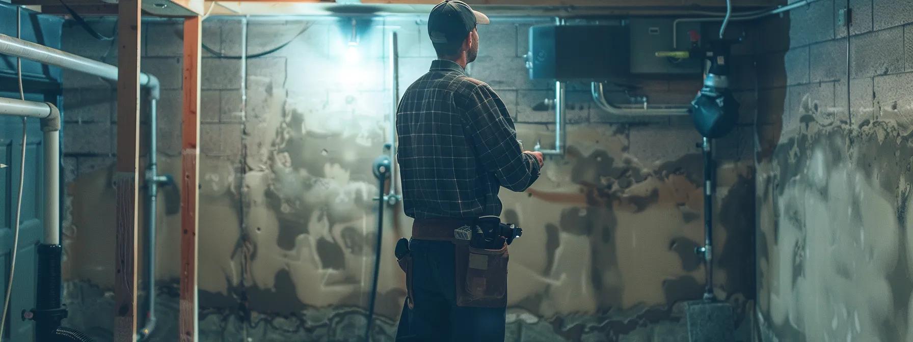 an expert contractor examines a basement wall with high-tech waterproofing equipment in a well-lit, modern milwaukee home, illustrating the meticulous approach to evaluating cost factors associated with basement waterproofing.