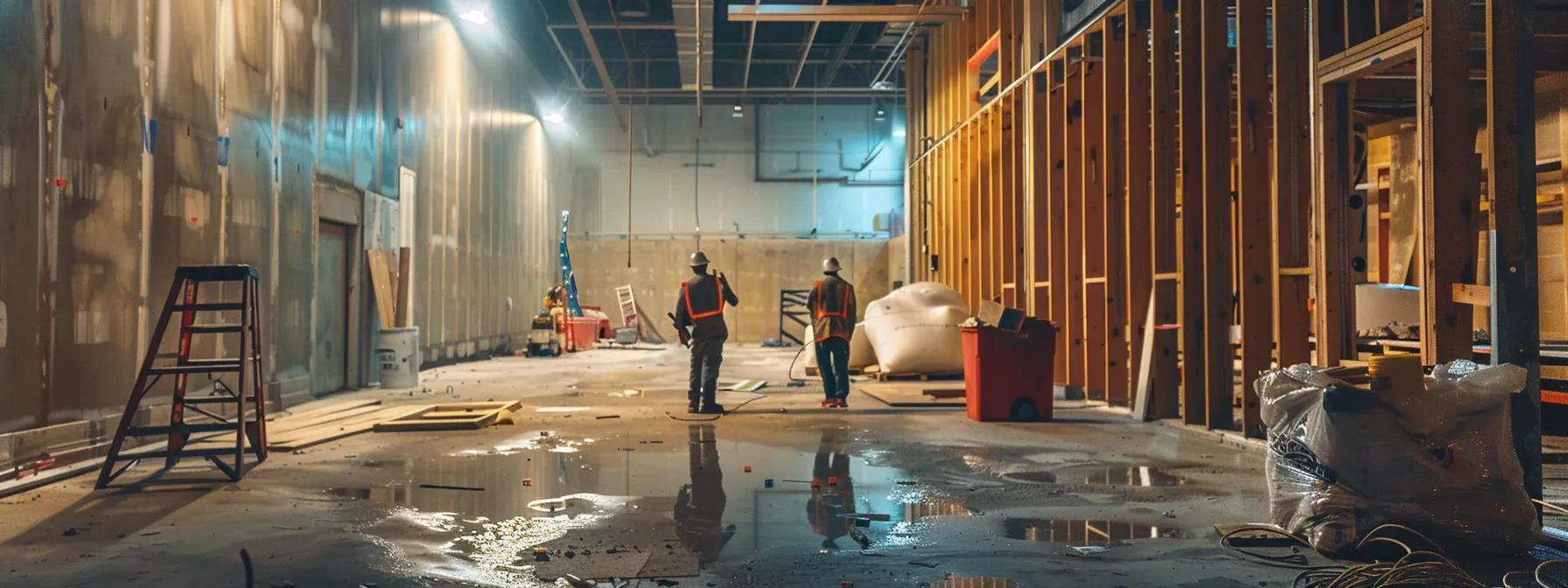 an industrial basement setting showcases a professional waterproofing team meticulously applying advanced materials to the walls, illuminated by bright, focused lighting that highlights the precision of their work, reinforcing the theme of quality and investment in waterproofing solutions in milwaukee.