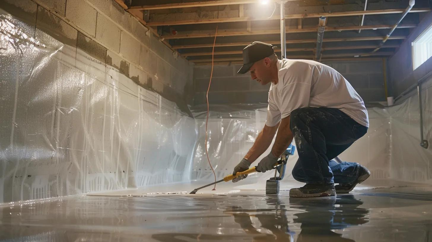 a professional technician expertly applies advanced waterproofing material in a well-lit, modern basement, showcasing a stark contrast between the sleek, efficient tools used and a visibly damp wall, emphasizing the superior protection of professional services over diy methods.