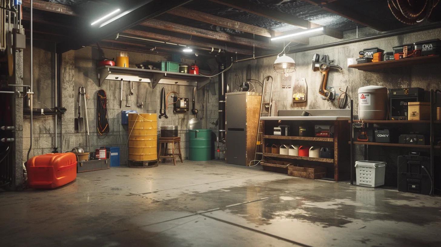 a well-equipped basement waterproofing workspace in milwaukee, featuring advanced tools and materials displayed strategically around a unique concrete slab, showcasing the customization process for optimal waterproofing solutions.
