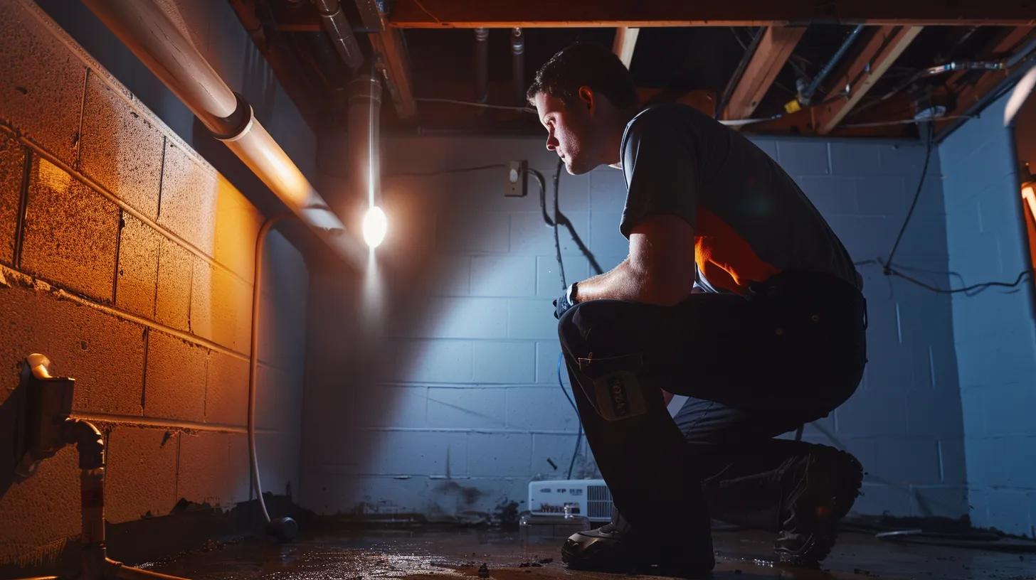 a professional technician in a well-lit, modern basement examines and treats damp walls with advanced waterproofing equipment, emphasizing local expertise and trust in milwaukee's home improvement solutions.