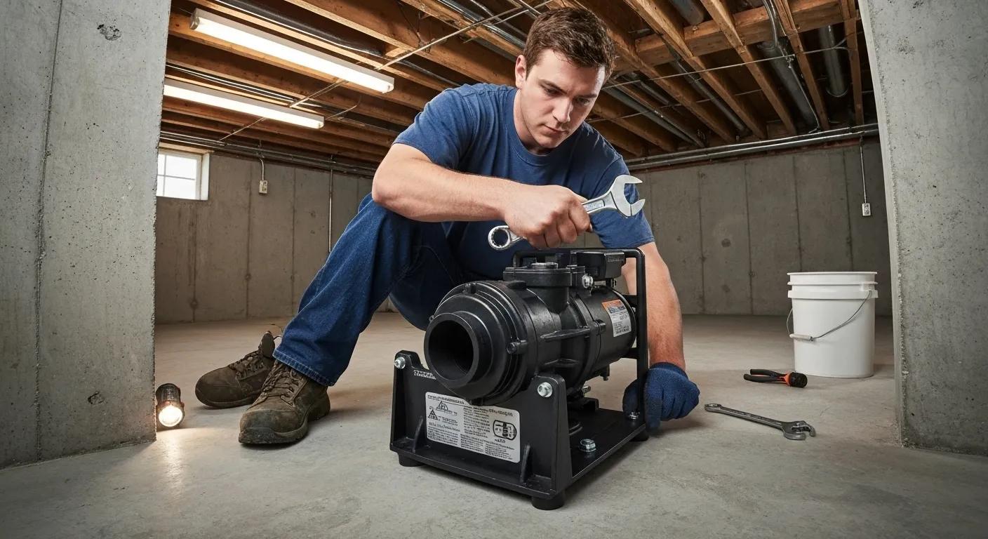 Sump pump being installed in a basement, showing pump features and the installation process
