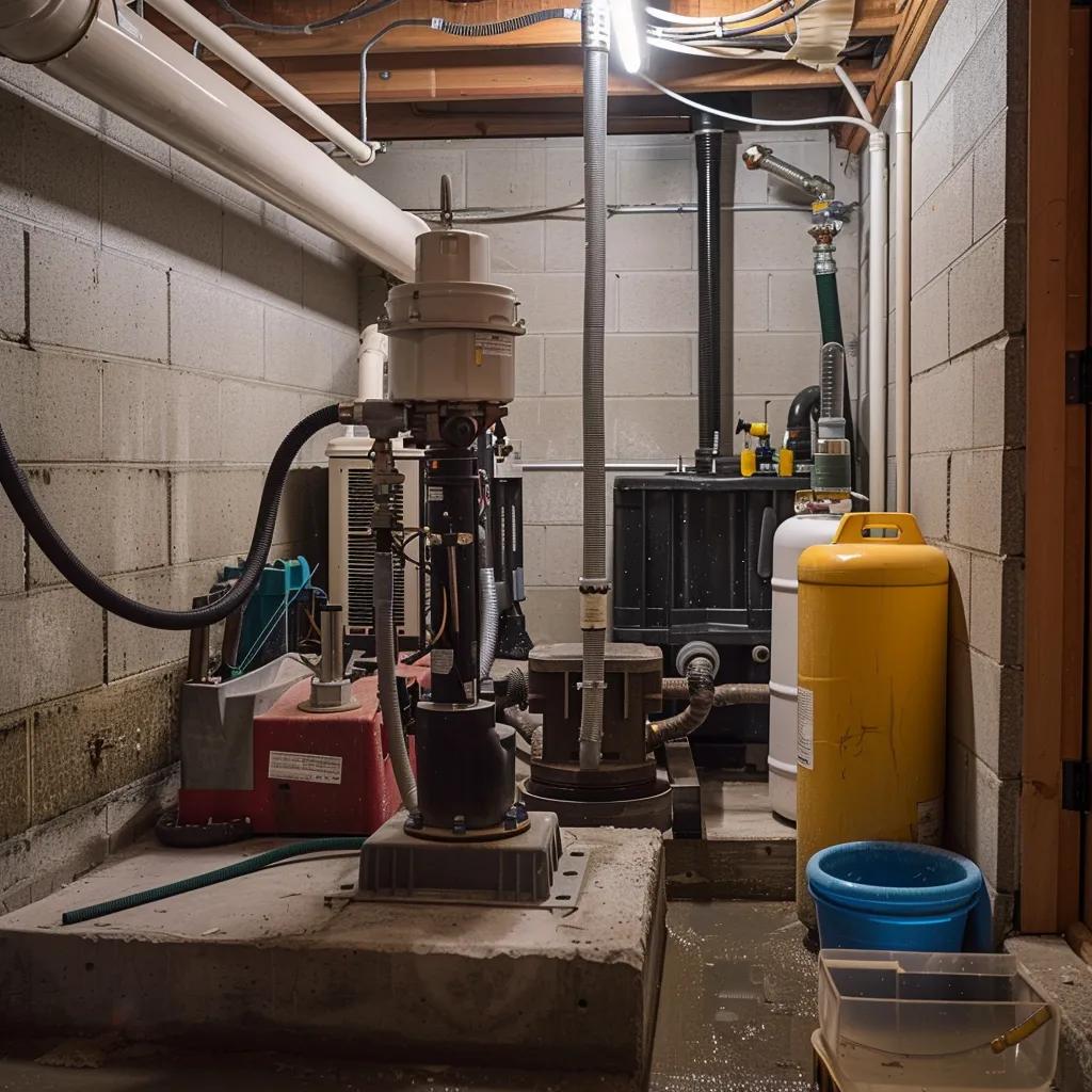 Commercial-grade sump pump installation in a basement with drain tile systems