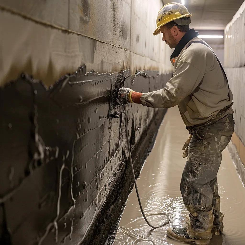 Commercial basement waterproofing technician applying waterproof membranes to a foundation wall