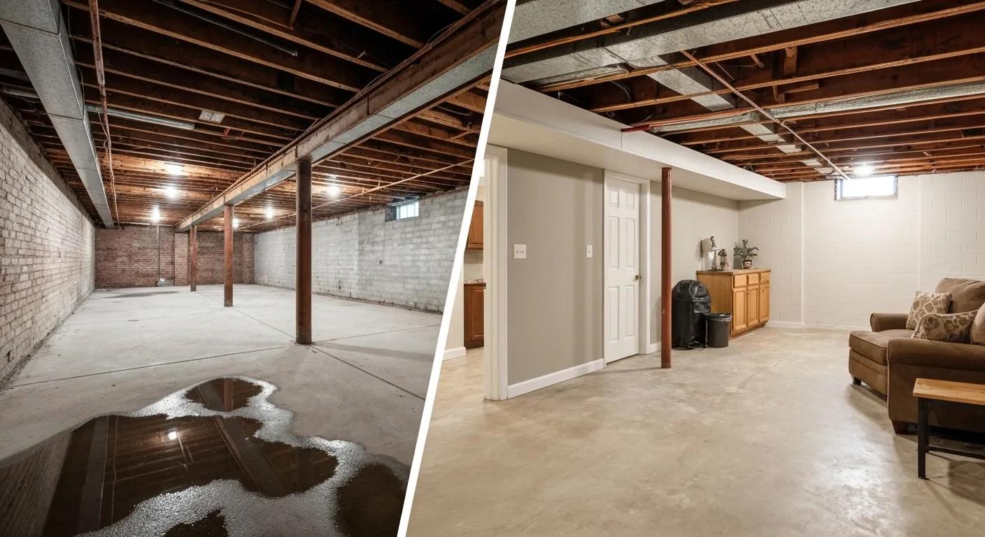 Side-by-side comparison of a large unfinished basement and a small finished basement, highlighting different waterproofing needs