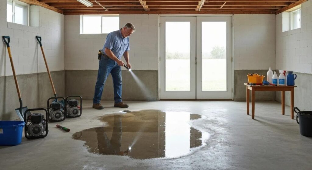 Expert examining a basement for water issues, displaying tools and materials