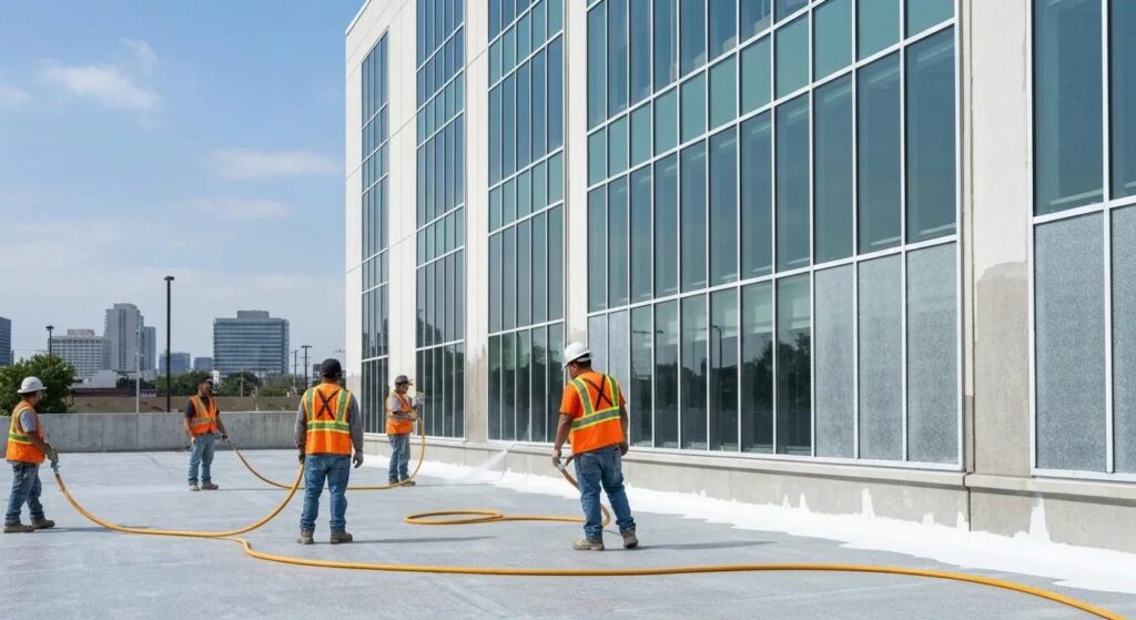 Commercial waterproofing team applying protective barriers to a modern building