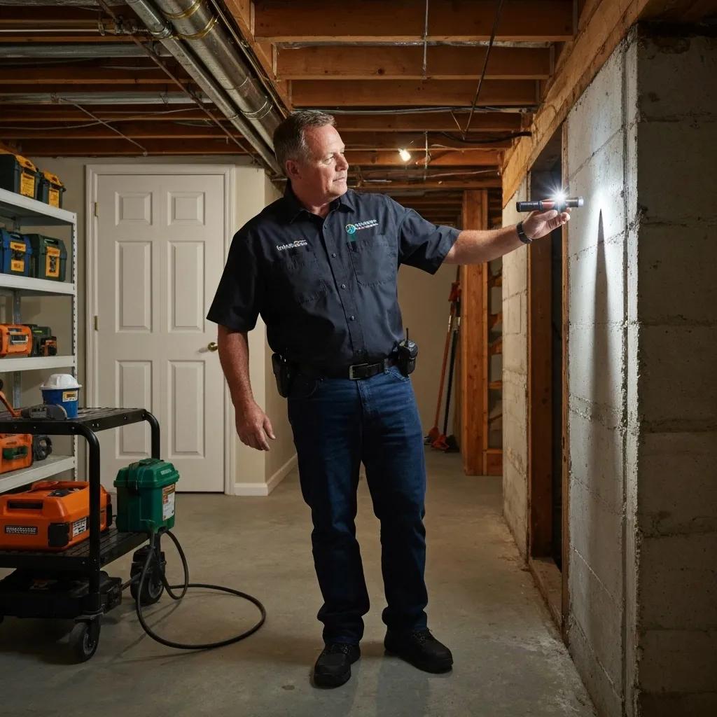 Local waterproofing expert inspecting a basement in Milwaukee, highlighting the importance of professional services