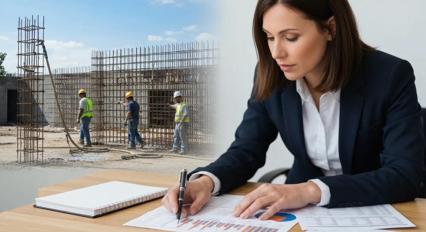 Business owner analyzing financial documents with a waterproofing project in the background