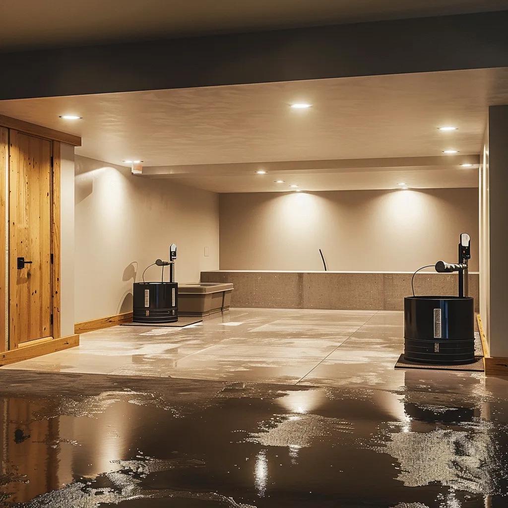 Affordable basement waterproofing solutions featuring a sump pump and drainage system in a clean, well-lit basement